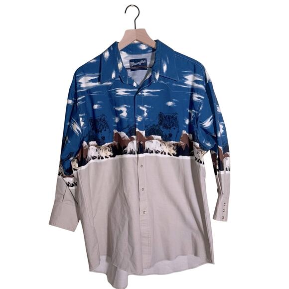 VNTG RARE WRANGLER pearl snap Western cowboy shirt with wolf print 2X - Picture 1 of 5